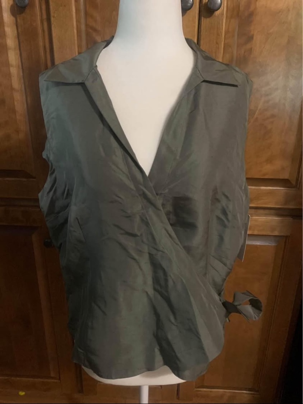 worthington womens wrap blouse silk green ties, cropped, new